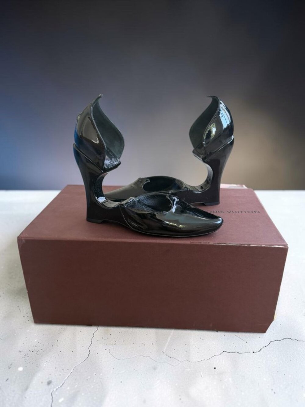 LOUIS VUITTON Extreme Babouche Black Runway 2006 Cutout Heels Size 37.5 / US 7.5
